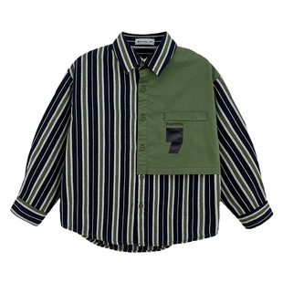 派町男童上衣2026春款儿童山系拼色竖条纹翻领长袖衬衫衬衣长袖潮