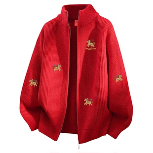 查尔斯桃心马年本命红色冬季纹理感情侣慵懒百搭针织立领开衫毛衣