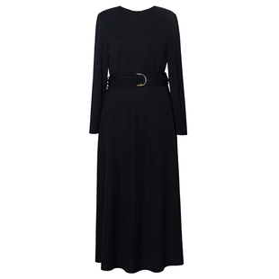 罗衣时尚系带针织黑色连衣裙女春季经典修身内搭大摆中长裙12689