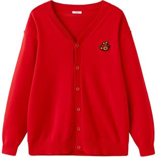 巴拉巴拉亲子装一家三口针织衫外套宝宝开衫毛衣春秋季红色拜年服