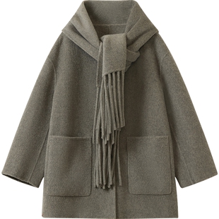 播商场同款可拆卸围脖短款毛呢外套女冬新款宽松大衣BDS4AD4783