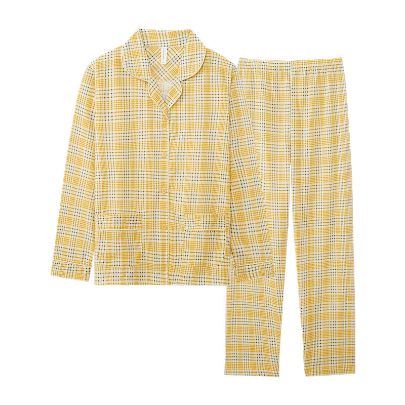 睡衣女春秋季妈妈中老年女士纯棉长袖全棉格子翻领女款家居服套装