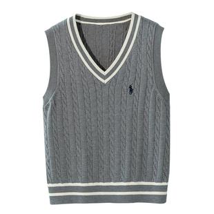 初秋叠穿修身麻花毛衣马甲背心女针织衫刺绣战马外搭无袖坎肩上衣