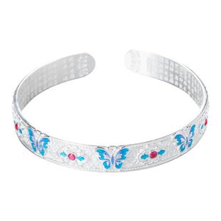 【银碟】足银999银手镯女新中式国潮风珐琅彩烧蓝蝴蝶心经手环