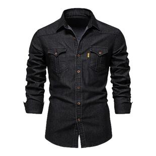 外贸跨境牛仔衬衣男款休闲纯色双口袋男式长袖衬衫denim shirt。