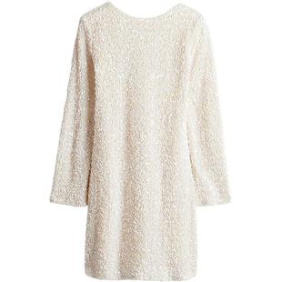 HM女装连衣裙春季长袖亮片低露背一字领H版型短裙1245452