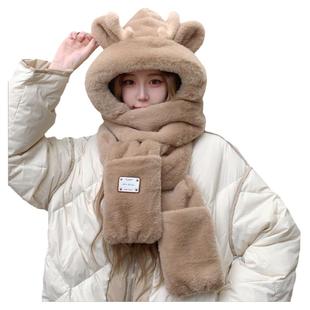 小熊帽子三件套秋冬女围巾手套一体连帽冬季围脖可爱保暖毛绒护耳