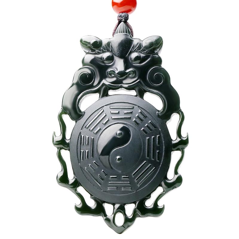 四通新疆和田玉挂件仿古兽面八卦天然黑青玉吊坠太极八卦玉佩玉石