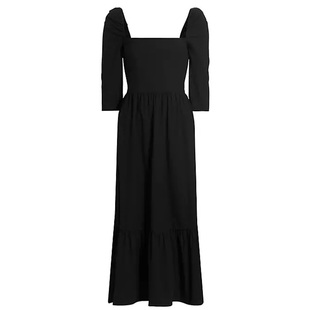 ref法式设计感黑色方领泡泡袖连衣裙子高级感赫本风小黑裙a字长裙