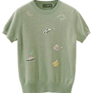 米皇秋季新款套头圆领短袖羊绒衫女纯色绣花纯羊绒毛衣针织衫