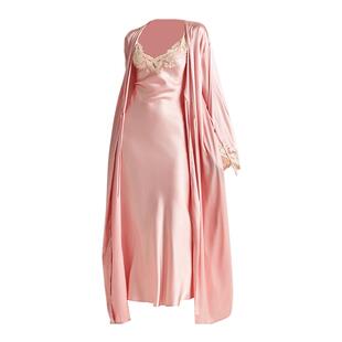 2025春新款樱花粉镂空花边真丝睡衣女桑蚕丝新娘晨袍家居服吊带裙