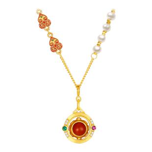 周大生国风项链女银S925玛瑙珍珠珐琅葫芦锁骨链生日礼物送女友