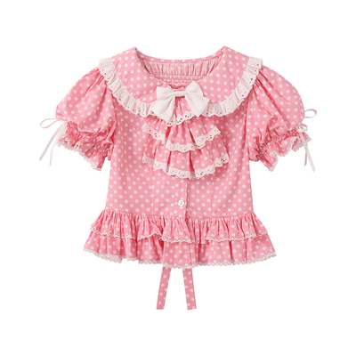 原创设计日系少女粉色波点衬衫