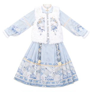 女童汉服冬款2026拜年服蓝色明制套装超仙气刺绣加绒马面裙两件套