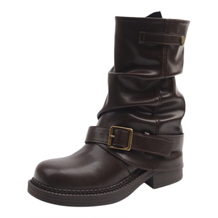 宽胖脚短靴美拉德复古西部堆堆靴大筒围胖mm粗腿大码女鞋冬季加绒