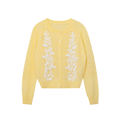 TOP家暖冬小太阳 法式复古撞色立体绣花马海毛羊毛暖绒感针织开衫