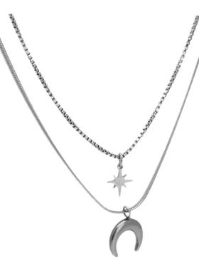 双层叠戴星月吊坠蛇骨链项链女欧