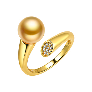 京润朝熠南洋金珠海水珍珠戒指9-10mm金黄色圆形珍珠925银开口戒D