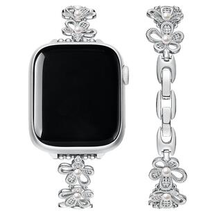 ZEGL设计师适用苹果iwatchS10手表表带秋冬芭蕾风花朵SE手表链银色applewatch手链女轻奢小众精致腕带可调节