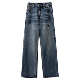 【拒绝平庸】重工烫钻 立体花朵装饰中高腰直筒宽松阔腿牛仔裤