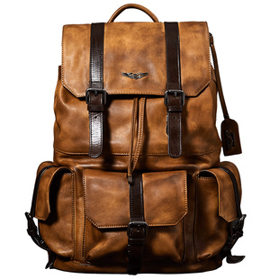 HANMIIS二战胡椒盐头层牛皮 复古全真皮双肩包男包书包男士背包