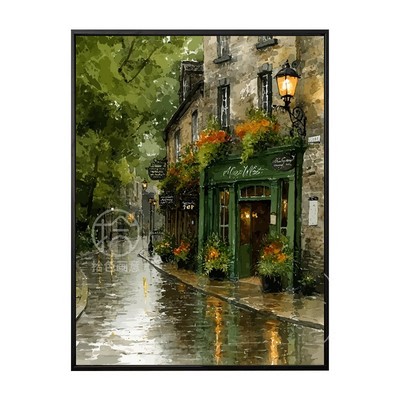 雨巷花店风景数字油画diy填充涂色填色画手工绘治愈丙烯油彩装饰