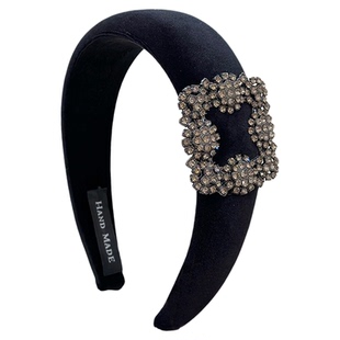 复古气质小众黑色丝绒水钻宽边高颅顶发箍头饰女高级感压发头箍