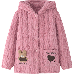 睡衣上衣单件女秋冬季加绒加厚三层夹棉棉袄珊瑚绒连帽外套家居服