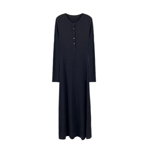 3ts黑色亨利领长袖针织打底连衣裙秋冬长款修身内搭裙子