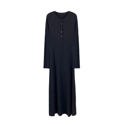 黑色亨利领长袖针织打底连衣裙