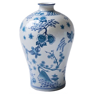 蜡笔派“鸢舞”手绘淡青花瓷花瓶复古玄关陶瓷高级摆件花器送礼W