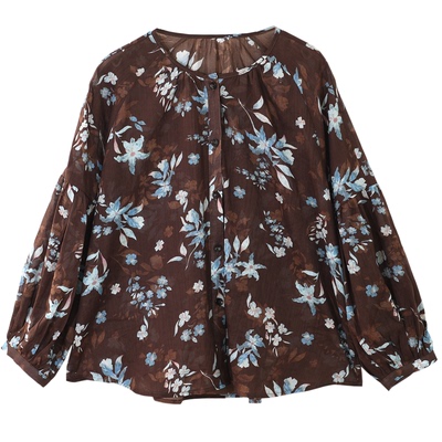 GESGOO宽松气质碎花圆领棉麻衬衫