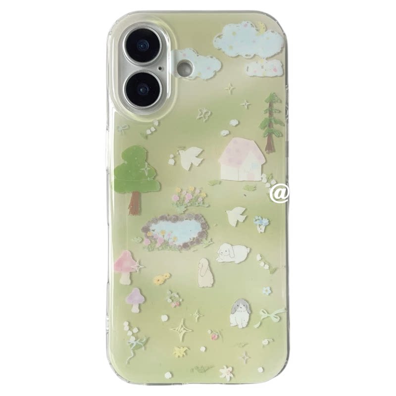 Pipipig绿色草地小鸟兔子ins韩风网红同款适用于苹果17ProMax手机壳iPhone16可爱卡通15Pro新款少