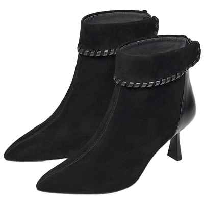 KISSCAT接吻猫[咖啡街]老钱高跟靴25新复古棕色尖头羊绒时装靴女