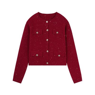 红色针织开衫秋水伊人圆领