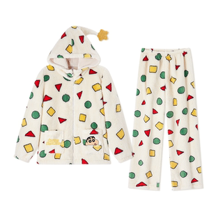 蜡笔小新珊瑚绒睡衣女款2026新款冬季可爱拉链连帽加绒加厚家居服