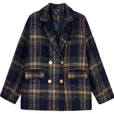 Oece复古格子呢子大衣冬新款女气质中长西装毛呢外套