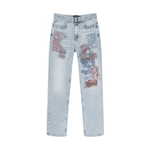 Desigual浅色牛仔拼贴画印花刺绣中蓝丹宁女士牛仔裤