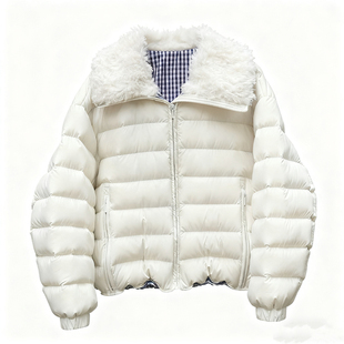 矢悦2025冬季短款羊羔毛拼接大翻领排骨款90白鸭绒羽绒服外套女