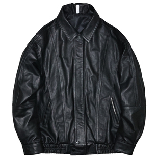 廓版头层柔嫩牛皮真皮皮衣男女宽松遮肉显瘦男友风青年翻领夹克夫