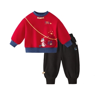 [抗菌锁温]儿童新年套装女童加绒上衣男童裤子红色宝宝衣服冬装
