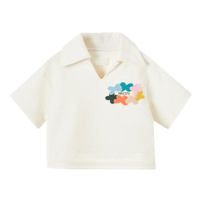 mecity kids童装夏女童绣花标翻领针织纯色套头衫