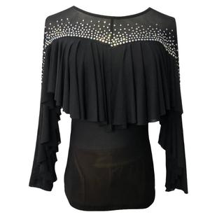 摩登舞上衣女新款镶钻荷叶长袖舞蹈服性感网纱拉丁舞交谊舞练功服