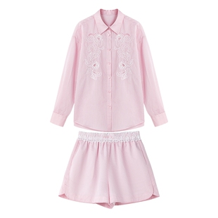 MISSCOCOON可可尼粉色刺绣衬衫短裤套装女2025秋季新款宽松穿搭