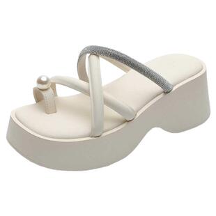 白色夹趾厚底拖鞋女2024新款夏天珍珠水钻增高配裙子小香气质凉拖