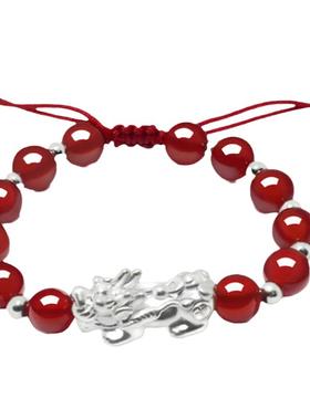 红黑色玛瑙本命年可调节貔貅手链