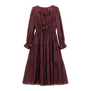 芭依璐2026春装新品长袖韩版连衣裙V领飘带收腰安可拉红长裙子女