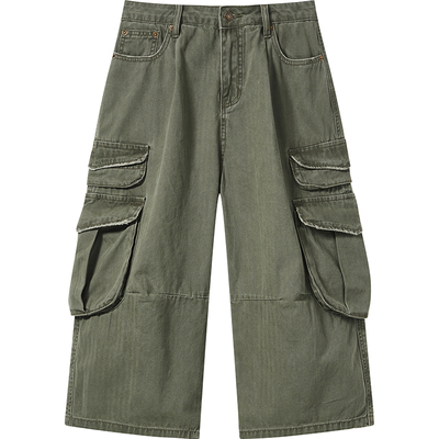 个性多口袋磨破工装九分裤长裤