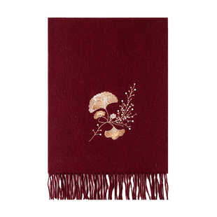 上海故事2025秋冬绵羊毛花卉刺绣新年红色围巾加厚保暖围脖送长辈