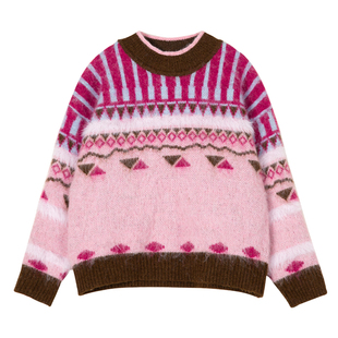 LittleNaive儿童新年毛衣冬季新款复古线衣女童慵懒提花针织衫